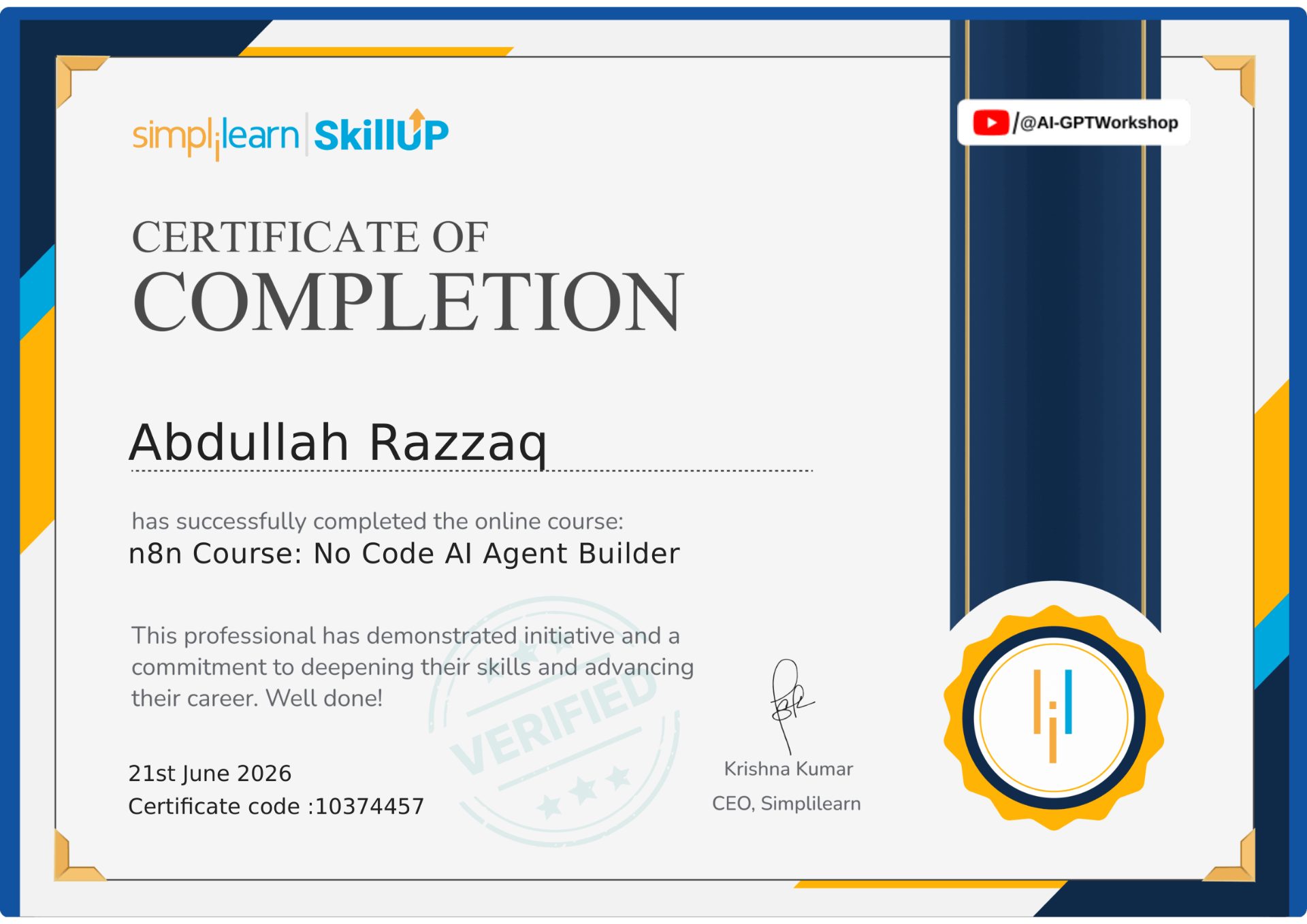 Official Certificate of Completion: n8n Course: No Code AI Agent Builder awarded to Abdullah Razzaq by Simplilearn SkillUp